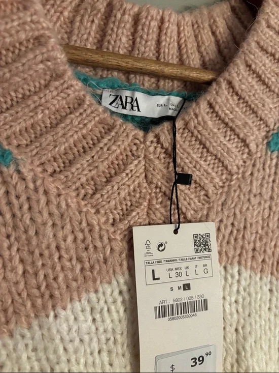 Zara Striped V‑Neck Sweater Vest in Pink, Teal, Yellow & Cream - size L - Picture 3 of 4